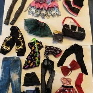 Colorful Mixed Doll Clothing Lot with Black & Pink Accents